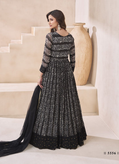 Black Georgette Long Anarkali Suit With Embroidery and Sequins Work