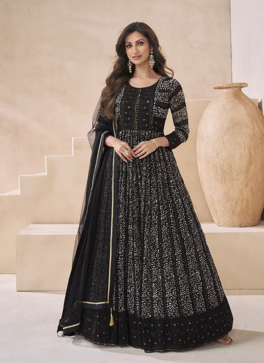 Black Georgette Long Anarkali Suit With Embroidery and Sequins Work