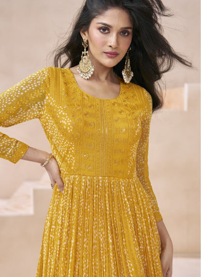 Yellow Georgette Long Anarkali Suit With Embroidery and Sequins Work