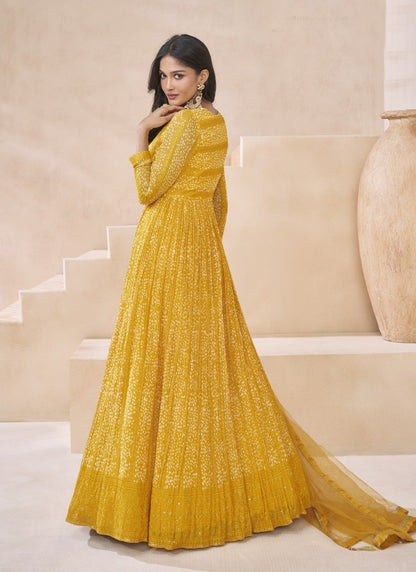 Yellow Georgette Long Anarkali Suit With Embroidery and Sequins Work