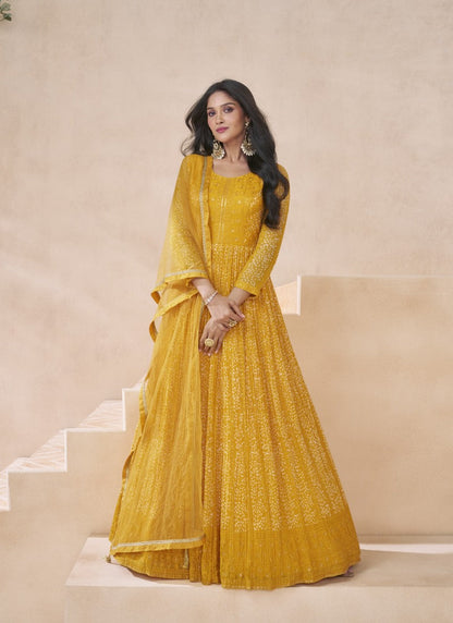 Yellow Georgette Long Anarkali Suit With Embroidery and Sequins Work