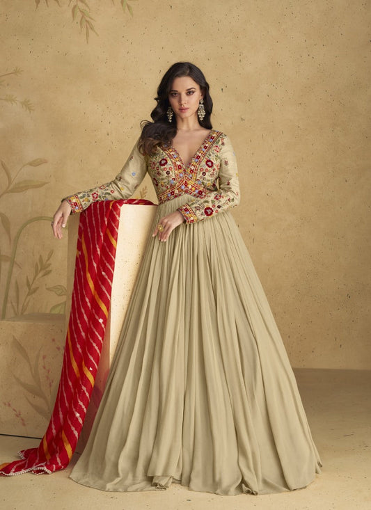 Beige Party Wear Anarkali Dress