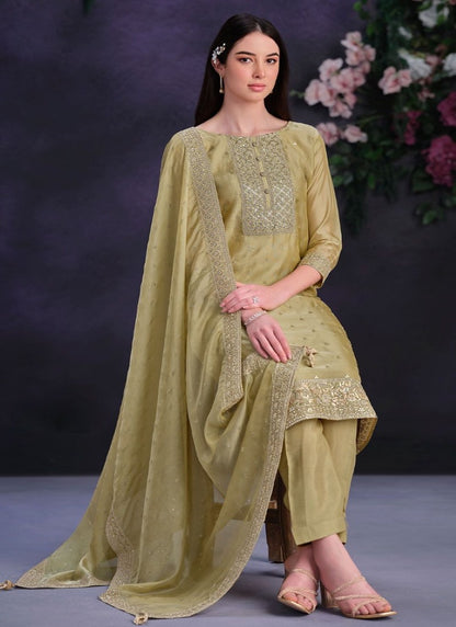 Olive Green Pant Style Salwar Suit with Thread and Sequins Work