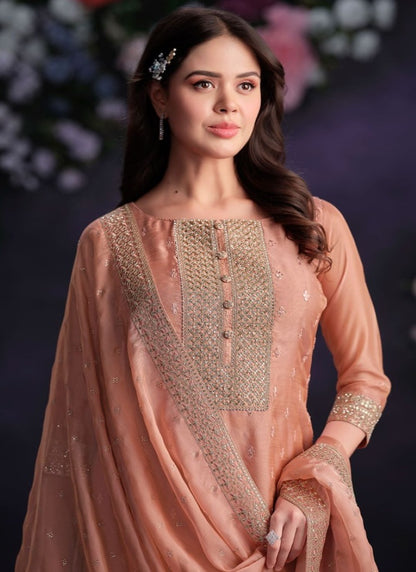 Peach Pant Style Salwar Suit with Thread and Sequins Work