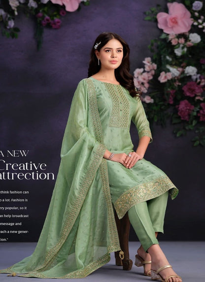 Pista Green Pant Style Salwar Suit with Thread and Sequins Work