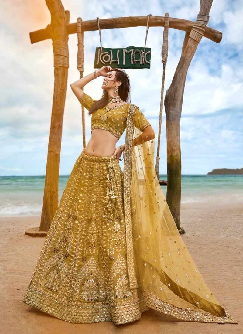 Mustard Yellow Wedding Designer Lehenga Choli With Heavy Embroidery Work