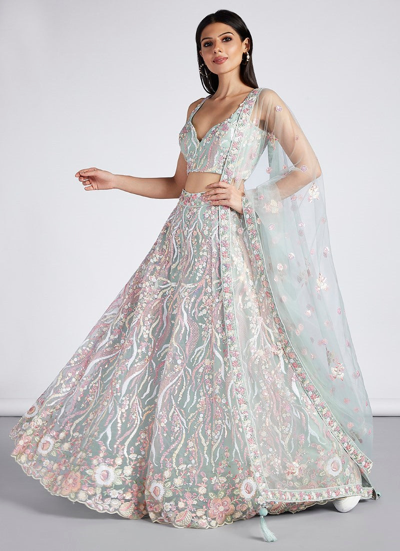 Light Green Wedding Designer Lehenga Choli With Heavy Embroidery Work