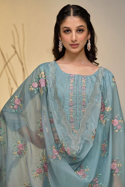 Blue Pant Style Salwar Suit with Thread and Sequins Work