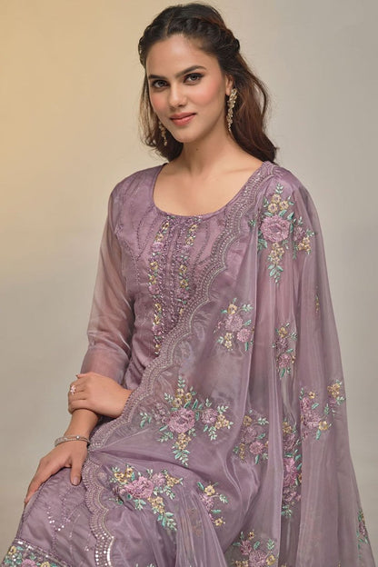 Purple Pant Style Salwar Suit with Thread and Sequins Work