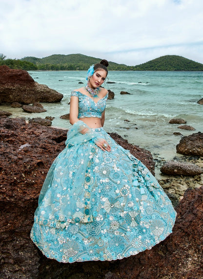 Aqua Blue Wedding Designer Lehenga Choli With Heavy Embroidery Work-2