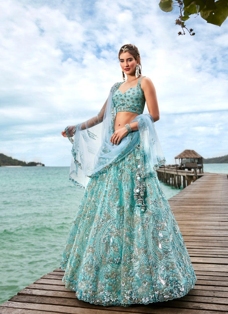 Aqua Blue Wedding Designer Lehenga Choli With Heavy Embroidery Work