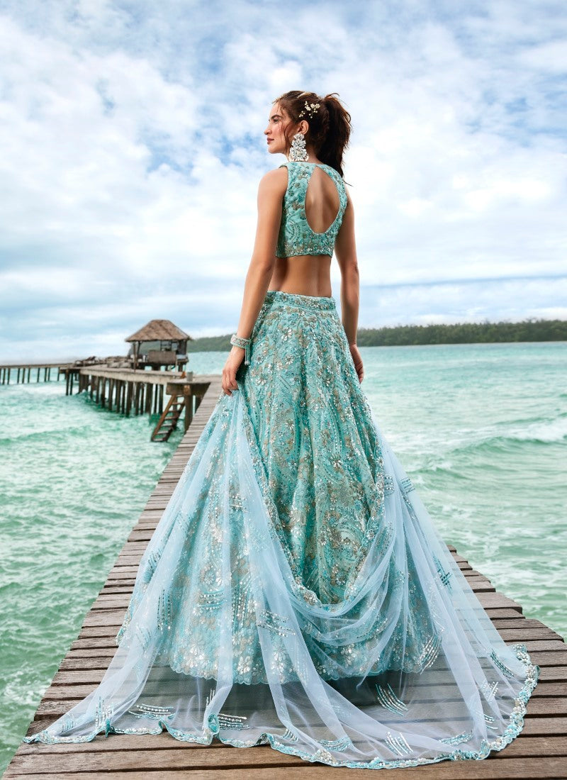 Aqua Blue Wedding Designer Lehenga Choli With Heavy Embroidery Work-2