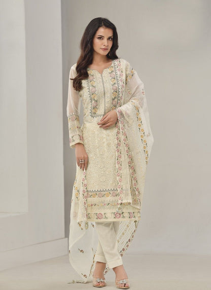 Off White Organza Straight Cut Salwar Suit With Embroidery Work