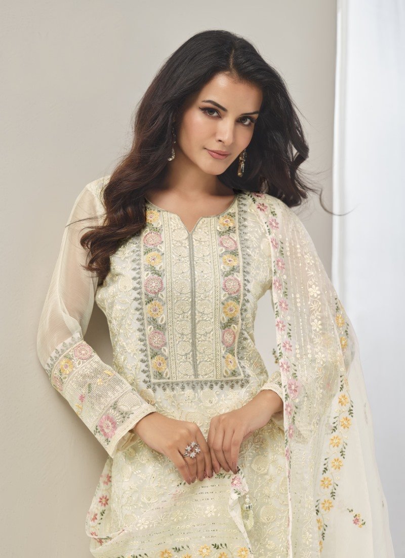 Off White Organza Straight Cut Salwar Suit With Embroidery Work