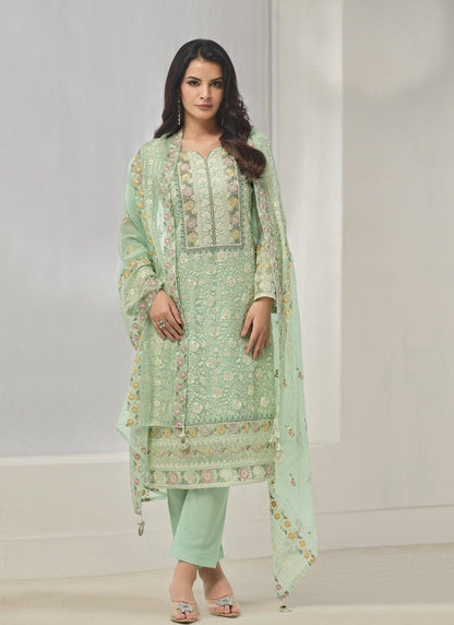 Sea Green Organza Straight Cut Salwar Suit With Embroidery Work