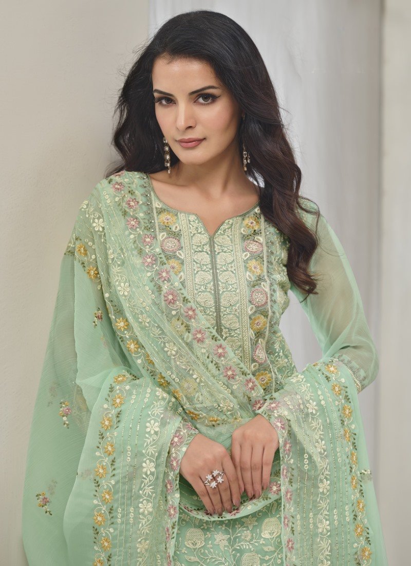 Sea Green Organza Straight Cut Salwar Suit With Embroidery Work