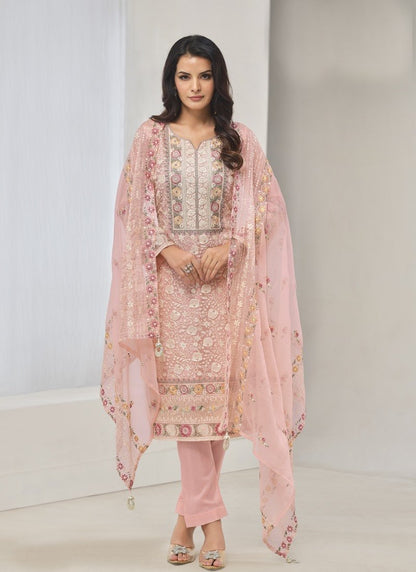 Pink Organza Straight Cut Salwar Suit With Embroidery Work