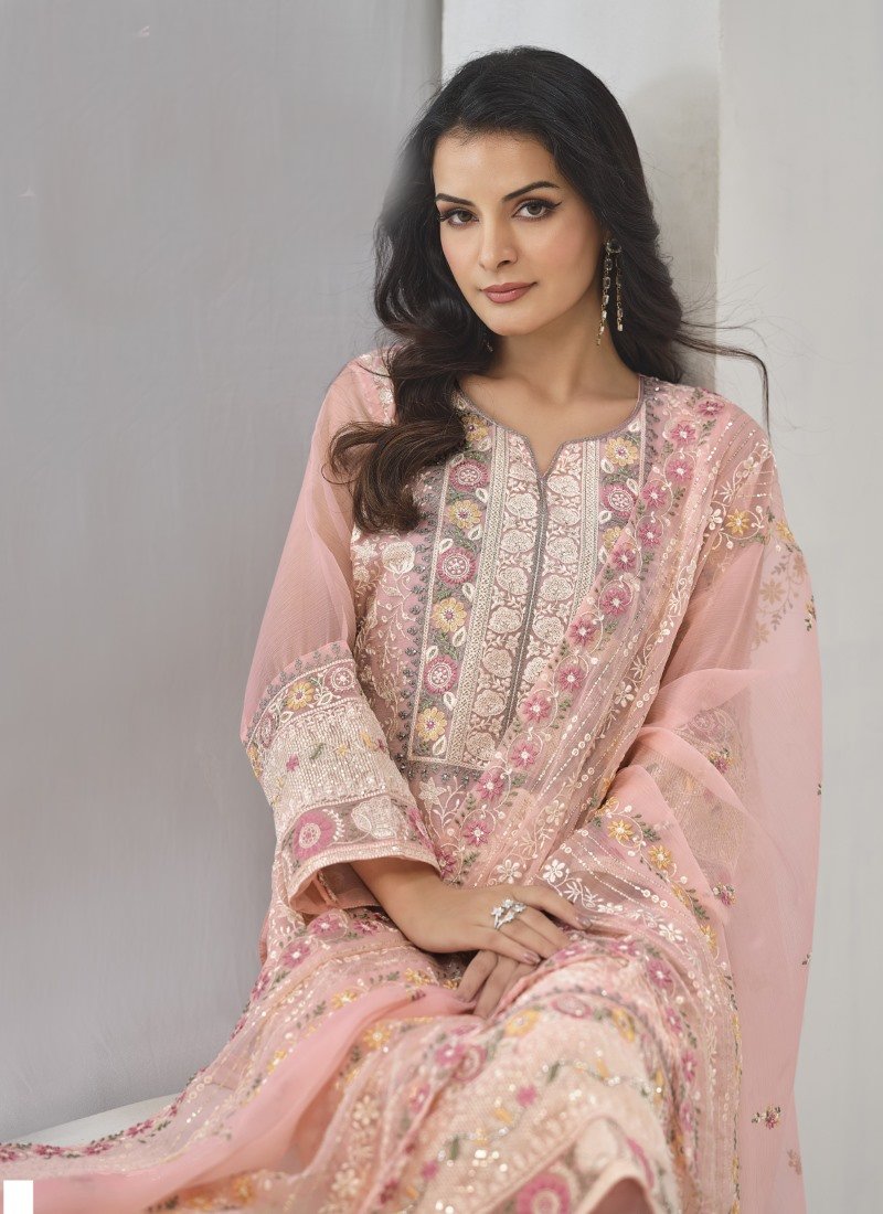 Pink Organza Straight Cut Salwar Suit With Embroidery Work