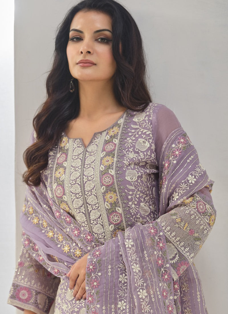 Purple Organza Straight Cut Salwar Suit With Embroidery Work