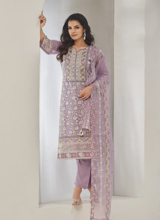 Purple Organza Straight Cut Salwar Suit With Embroidery Work