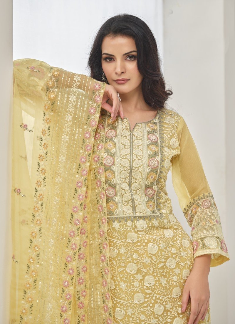 Yellow Organza Straight Cut Salwar Suit With Embroidery Work