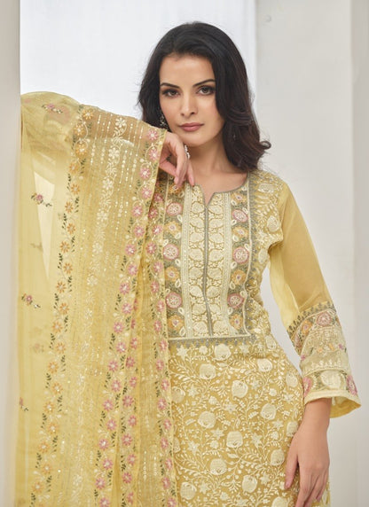 Yellow Organza Straight Cut Salwar Suit With Embroidery Work