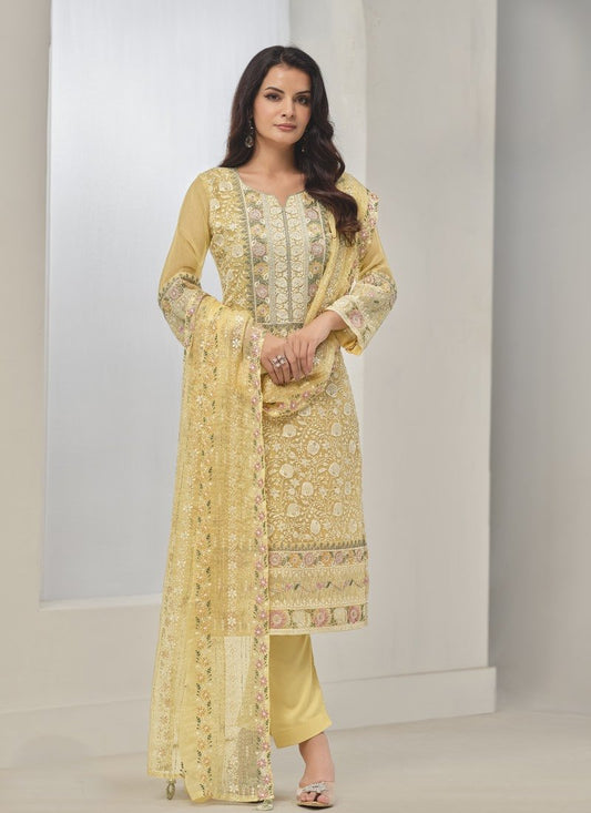 Yellow Organza Straight Cut Salwar Suit With Embroidery Work