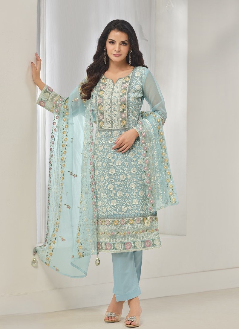 Sky Blue Organza Straight Cut Salwar Suit With Embroidery Work