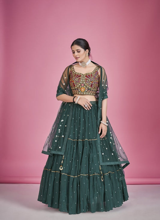 Green Georgette Ghagra Choli With Thread, Sequins and Mirror Work