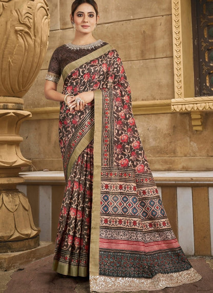 Brown Silk Heavy Work Saree