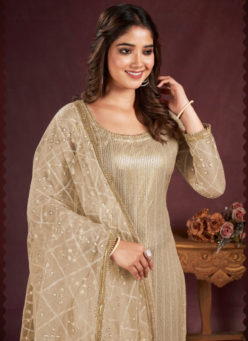 Beige Pant Style Salwar Suit with Thread and Sequins Work-2