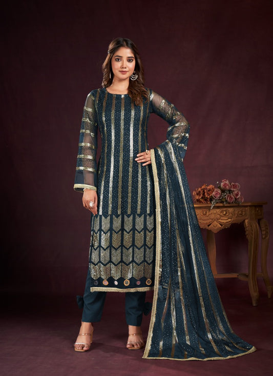 Teal Blue Pant Style Salwar Suit with Thread and Sequins Work