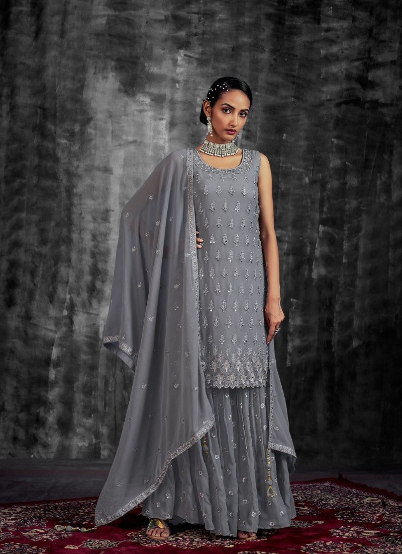 Dark Gray Georgette Sharara Suit with Mirror, Zari and Thread Work