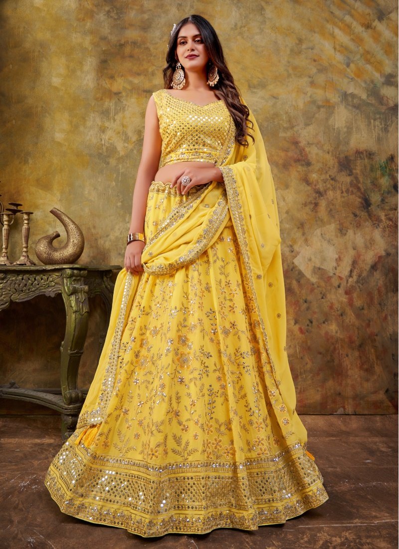 Yellow Georgette Lehenga Choli With Embroidery and Sequins Work