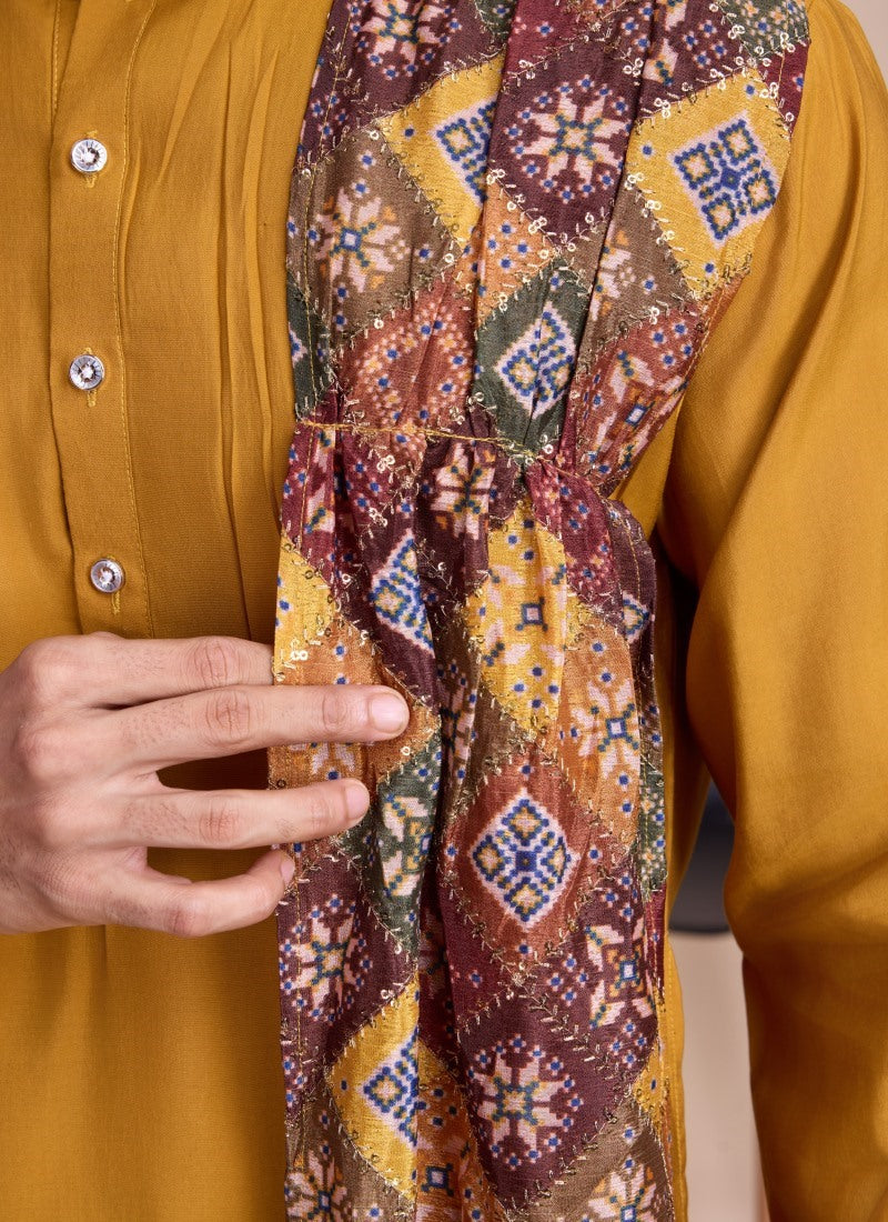 Mustard Silk Kurta Pajama With Embroidery and Sequins Work