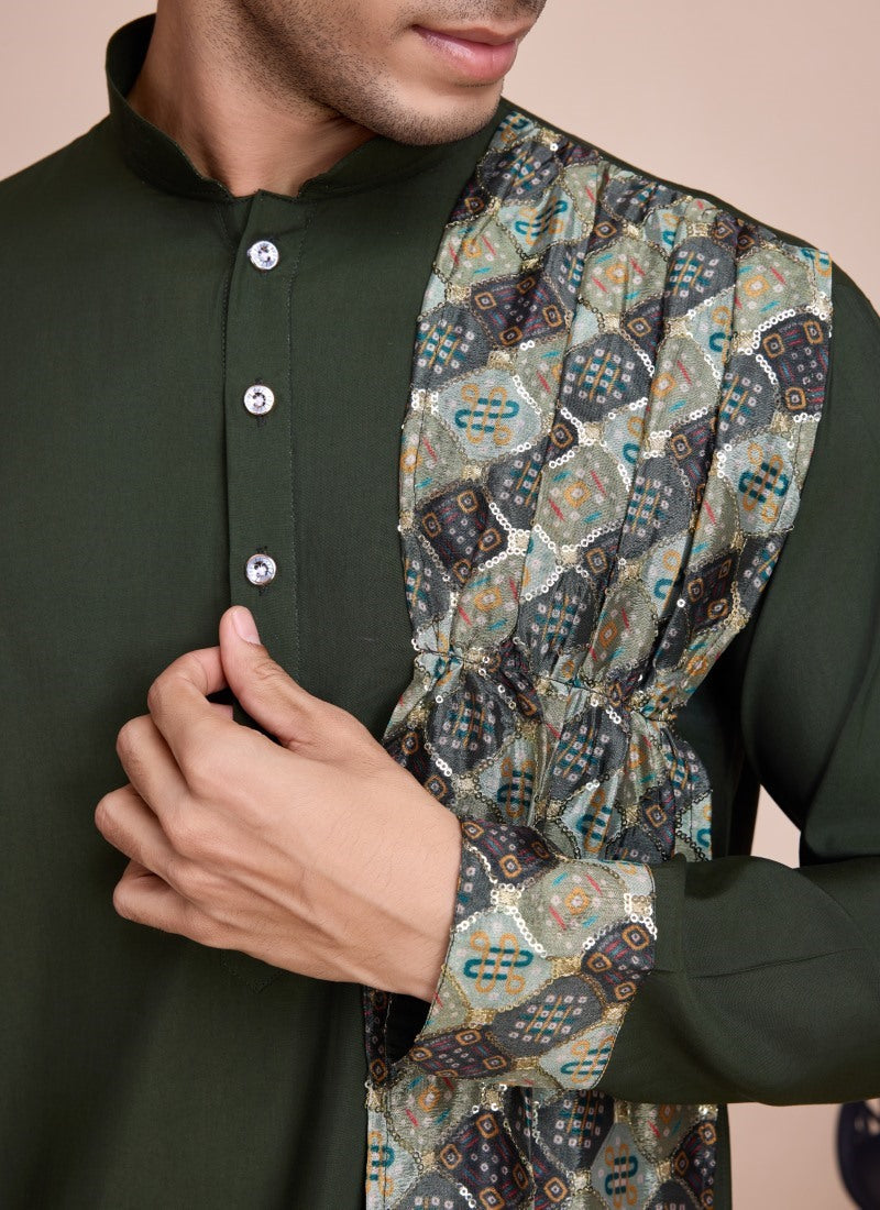 Green Silk Kurta Pajama With Embroidery and Sequins Work