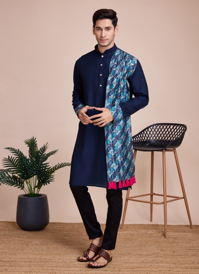 Blue Silk Kurta Pajama With Embroidery and Sequins Work