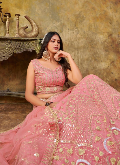 Pink Net Lehenga Choli With Embroidery and Sequins Work-2