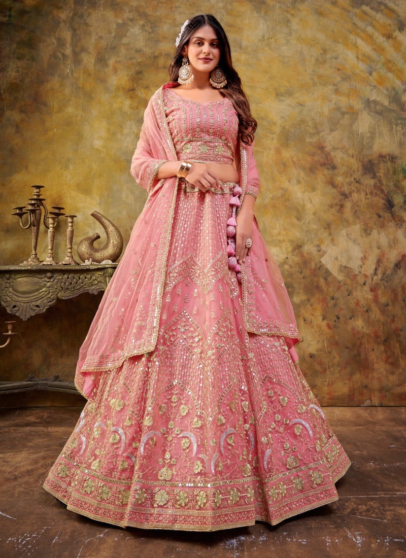 Pink Net Lehenga Choli With Embroidery and Sequins Work