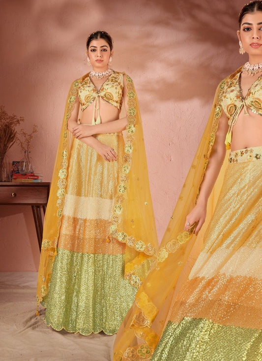 Yellow Net Lehenga Choli With Sequins and Thread Work