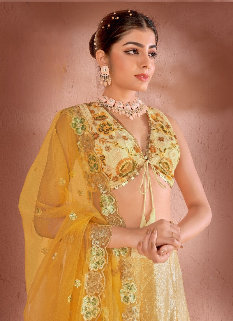 Yellow Net Lehenga Choli With Sequins and Thread Work-2