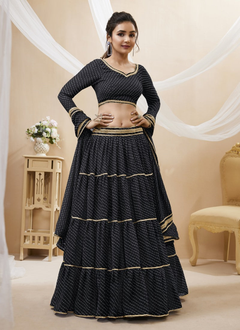 Black Georgette Leheriya Chaniya Choli With Lace Work