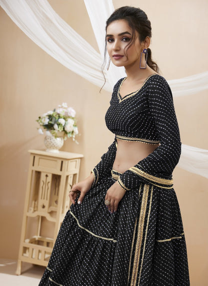 Black Georgette Leheriya Chaniya Choli With Lace Work