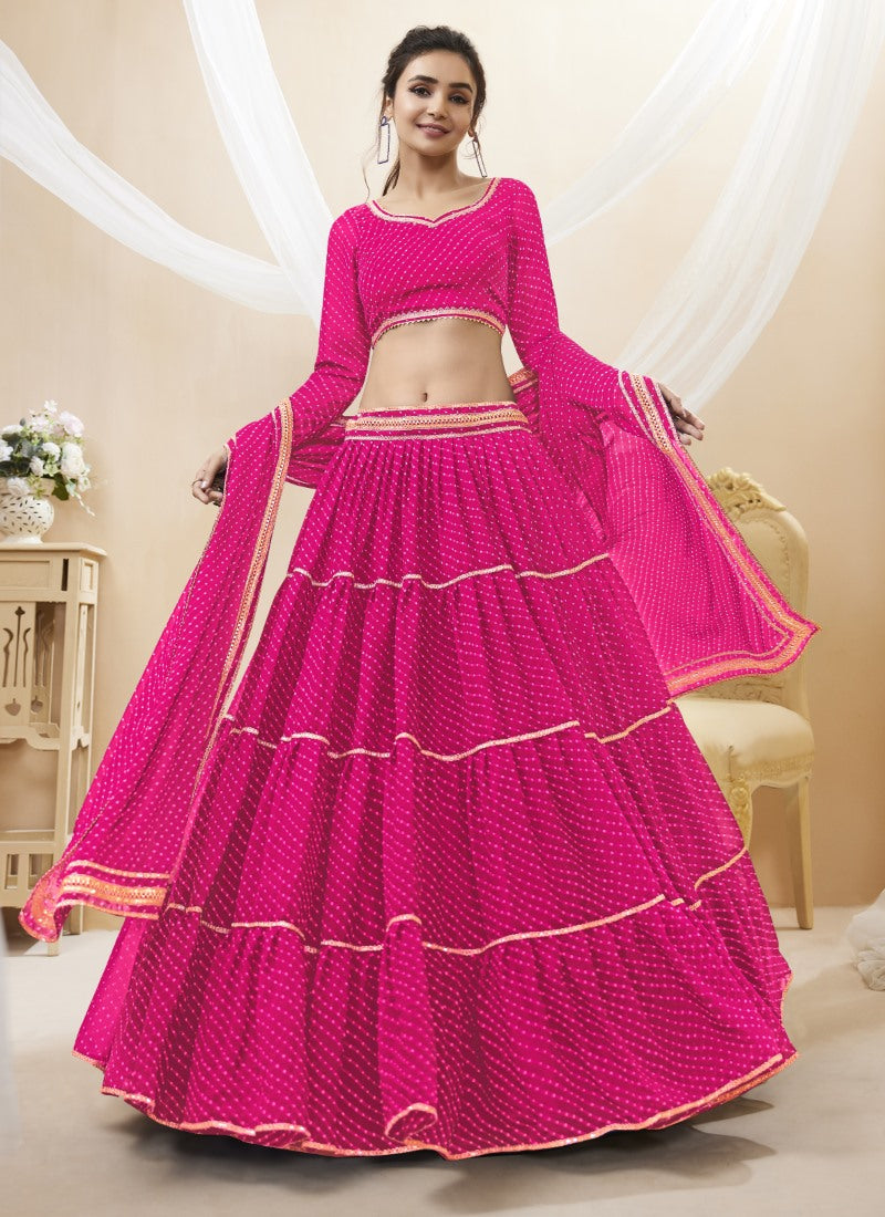 Pink Georgette Leheriya Chaniya Choli With Lace Work