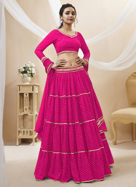 Pink Georgette Leheriya Chaniya Choli With Lace Work