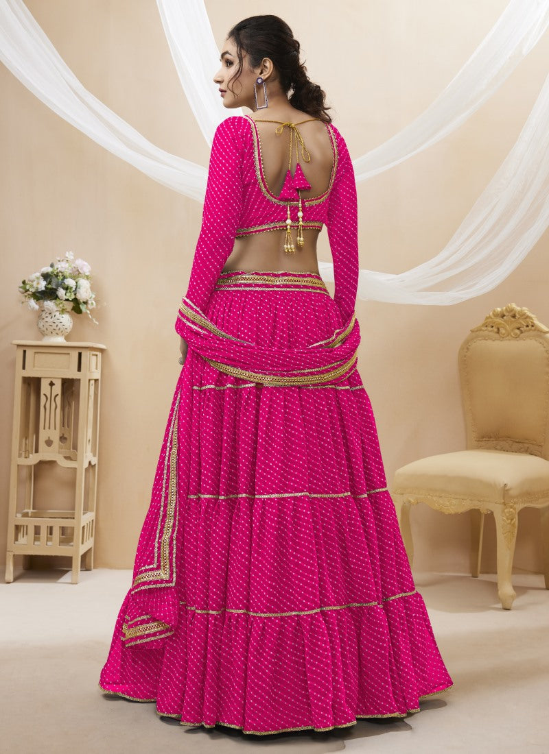 Pink Georgette Leheriya Chaniya Choli With Lace Work