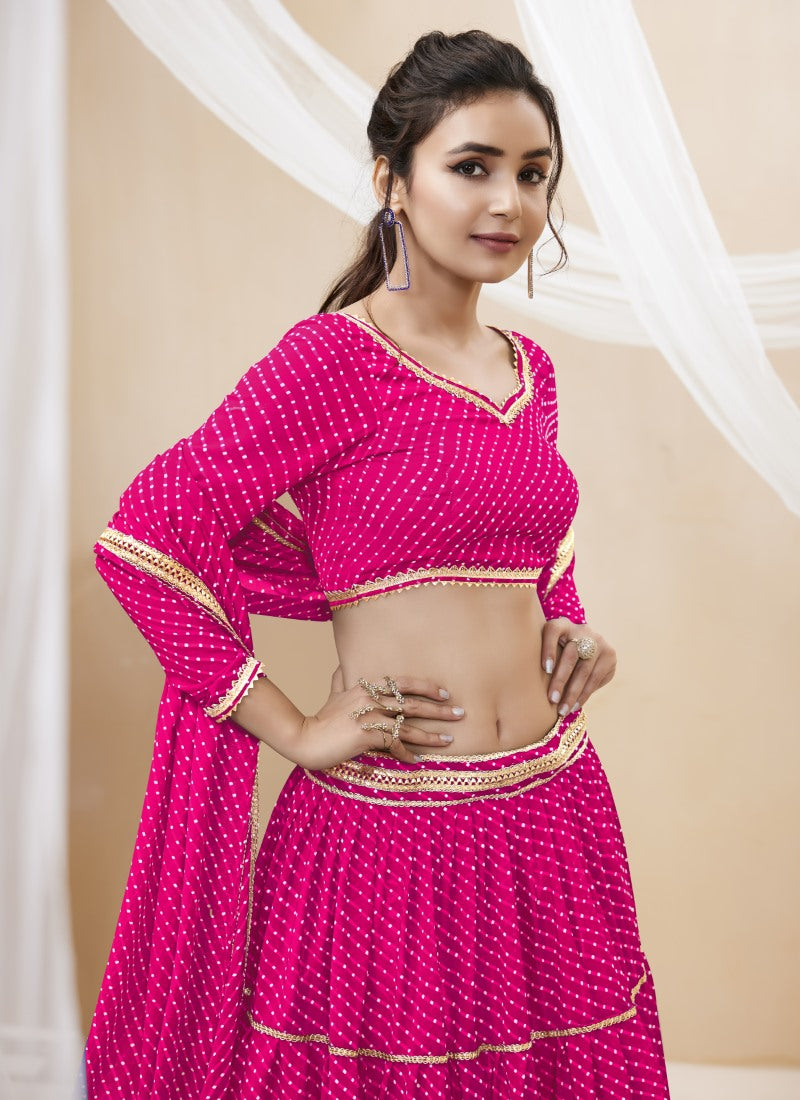 Pink Georgette Leheriya Chaniya Choli With Lace Work