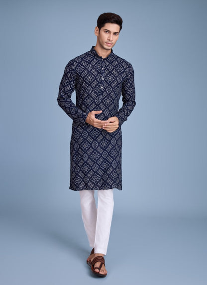 Blue Kurta Pajama With Bandhani Print