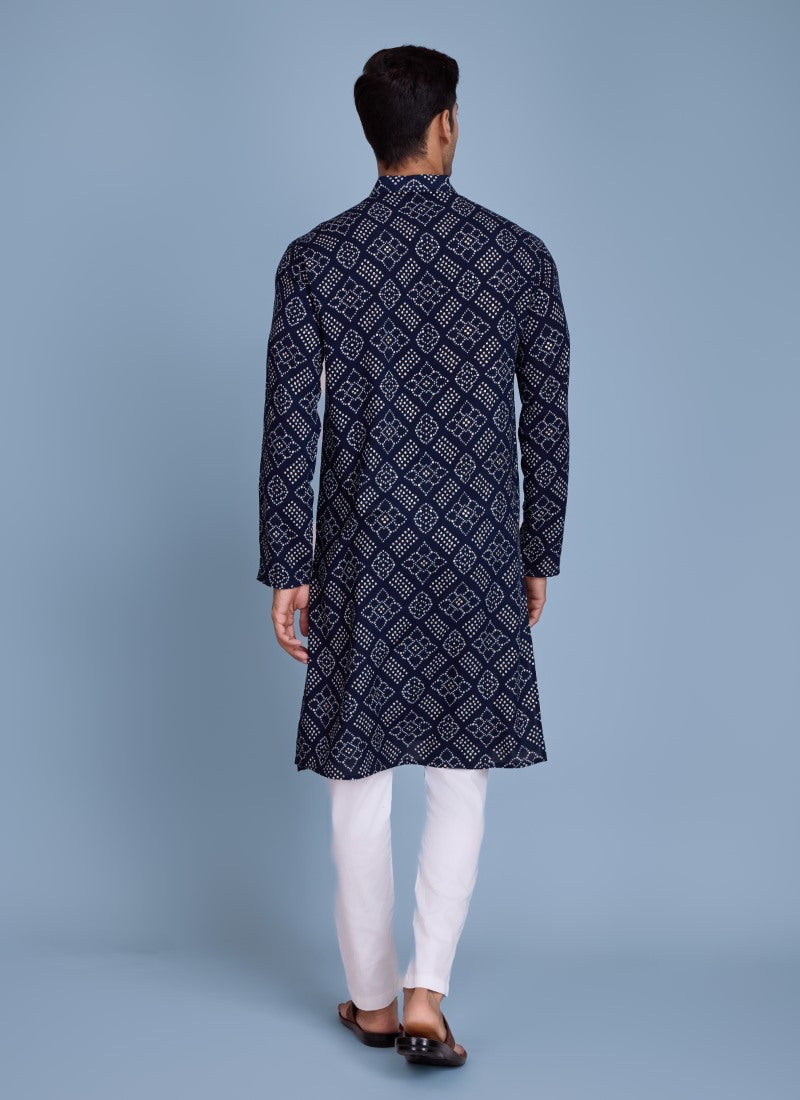 Blue Kurta Pajama With Bandhani Print