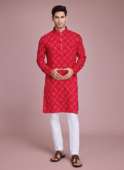 Red Kurta Pajama With Bandhani Print